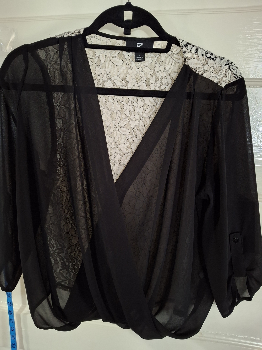 iZ Byer Black Sheer Lace Wrap Blouse Size L (CFD030)